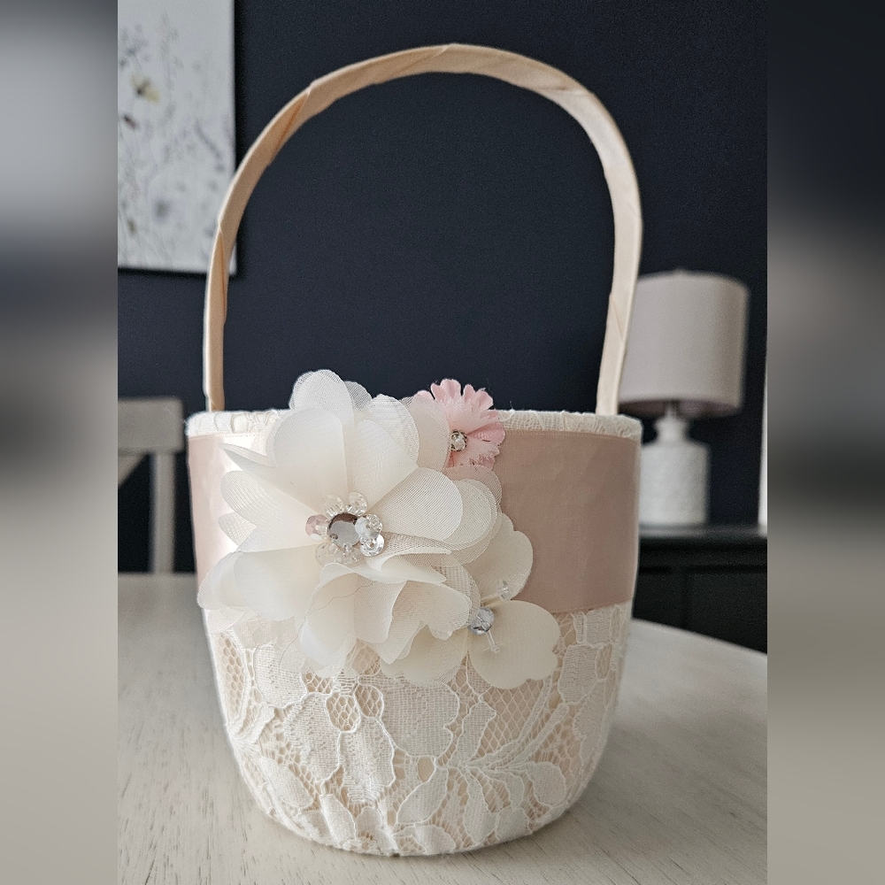 Floral Lace  Flower Girl Basket with sola flowers